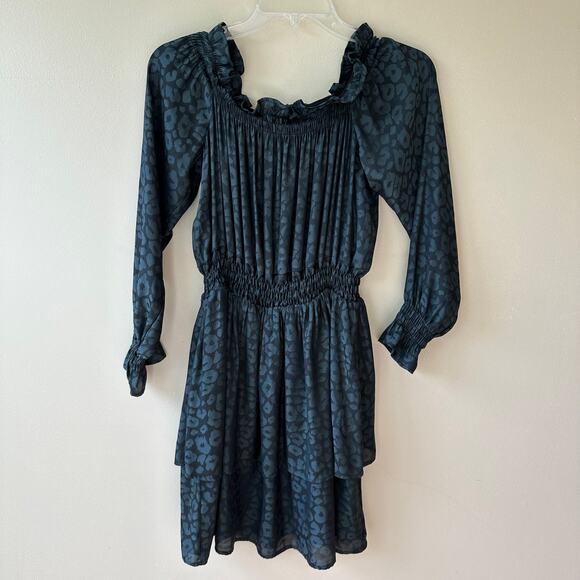 Show Me Your MuMu Esmerelda Cheetah Off-the-Shoulder Dress Tiered Blue S Whimsy - Picture 5 of 11